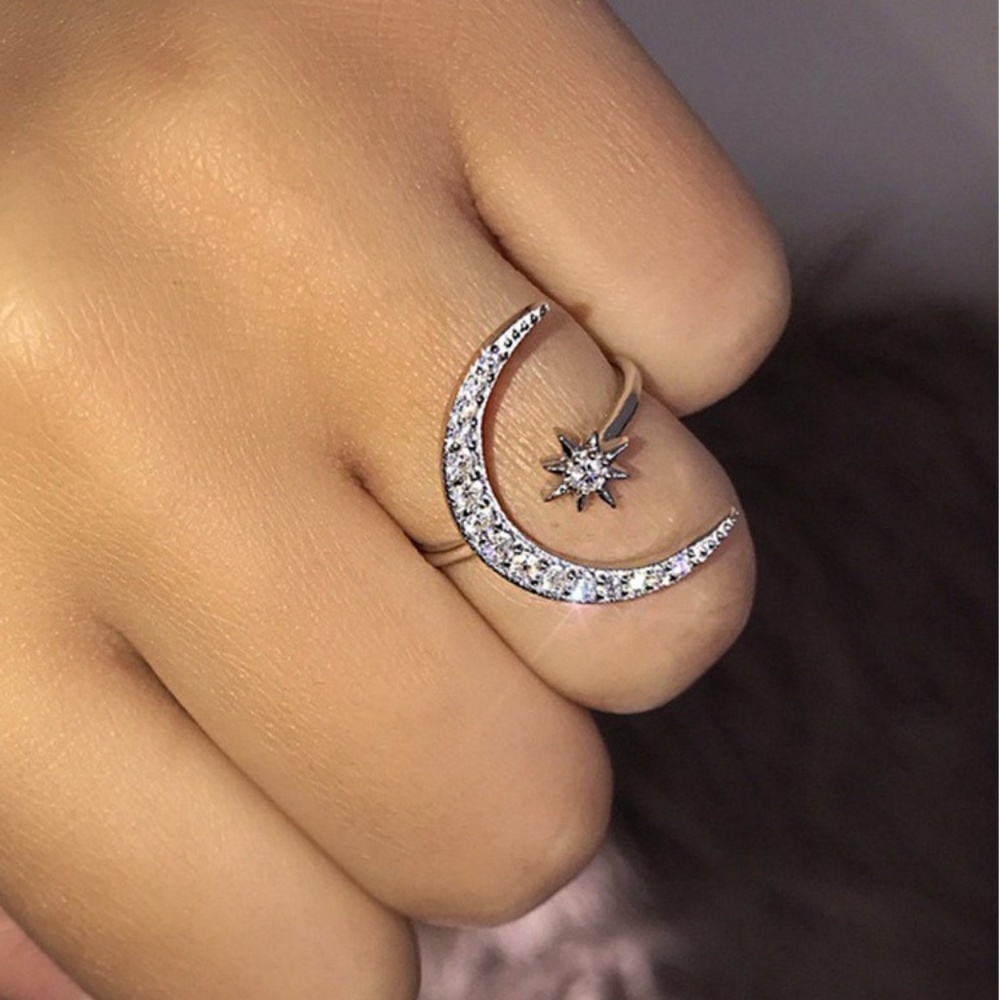 Sterling Silver Diamond Moon Star Adjustable Ring